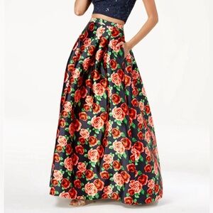 B Darlin Giant Rose Patterned Faux Silk Skirt with Crinoline